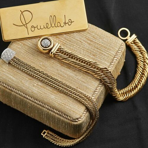 Bracciale in oro giallo lavorato a maglia groumette e chiusura con diamanti - Pomellato